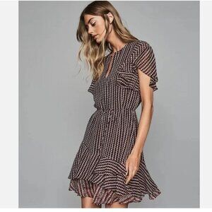 Reiss Anna Printed Flutter Sleeve Dress in Brown and Black